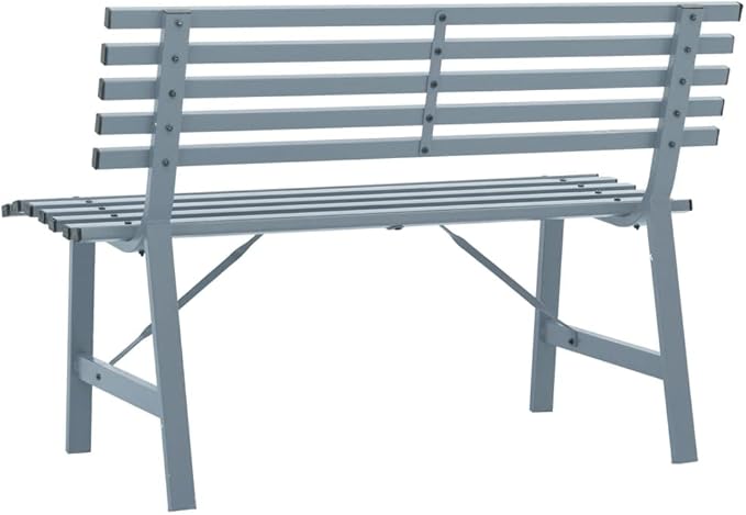 Garden Bench Grey Powder-Coated Steel, Medium Outdoor Seating for Patio, Weatherproof Porch Furniture Patio Bench