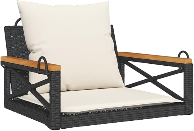 Black and Cream White Swing Bench with Cushions, Modern Outdoor Patio Furniture for Backyard and Balcony - Photo 2