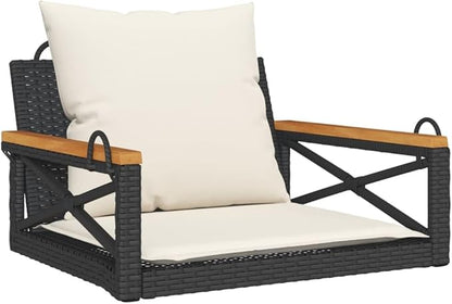 Swing Bench Black and Cream White with Cushions, 4-Piece Outdoor Furniture Set for Patio Backyard Balcony, Modern Poly Rattan and Steel Frame, Comfortable Seating