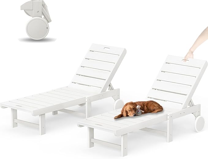 Outdoor Chaise Lounge Chairs Set of 2, 2-Piece, 26.8” Super Wide Lounge Chair Outdoor, HDPS Pool Chairs with 5 Positions, Patio Lounge Chair with Wheels for Pool,Lawn,Backyard, White