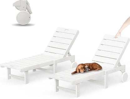 Outdoor Chaise Lounge Chairs Set of 2, 2-Piece, 26.8” Super Wide Lounge Chair Outdoor, HDPS Pool Chairs with 5 Positions, Patio Lounge Chair with Wheels for Pool,Lawn,Backyard, White