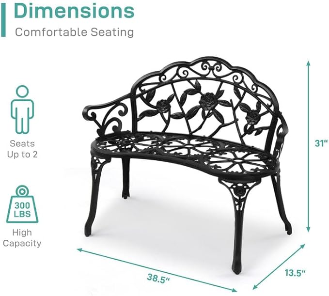 NOLLAM Outdoor Bench 38.5 inch Patio Outdoor Garden Bench Cast Aluminum Metal Loveseat Chairs Antique Finish Park Chair Courtyard Decoration Accent Seat Furniture for Park Yard Porch,Lawn Balcony, 1