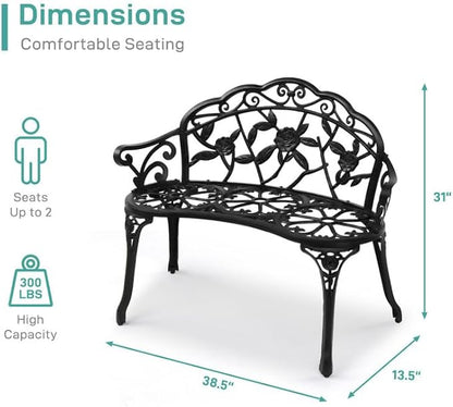 NOLLAM Outdoor Bench 38.5 inch Patio Outdoor Garden Bench Cast Aluminum Metal Loveseat Chairs Antique Finish Park Chair Courtyard Decoration Accent Seat Furniture for Park Yard Porch,Lawn Balcony, 1
