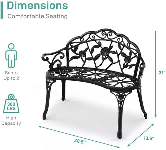 NOLLAM Outdoor Bench 38.5 inch Patio Outdoor Garden Bench Cast Aluminum Metal Loveseat Chairs Antique Finish Park Chair Courtyard Decoration Accent Seat Furniture for Park Yard Porch,Lawn Balcony, 1