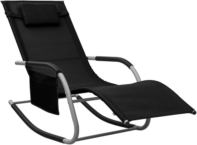 Black Textilene Sun Chaise Lounge Chair 24.4" W x 58.7" L x 34.6" H Foldable Poolside Outdoor Recliner with Side Pocket - Photo 1