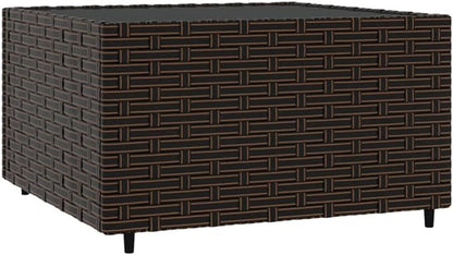 Square Garden Coffee Table with Tempered Glass Top and Poly Rattan Frame for Outdoor Patio Balcony Decor Modern Design Brown