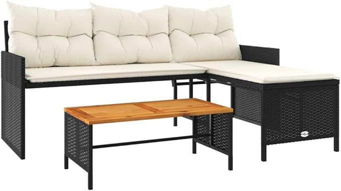 vidaXL L-Shaped Patio Sofa Set - Black Poly Rattan Outdoor Furniture with Acacia Wood Table and Cream White Cushions