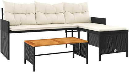 vidaXL L-Shaped Patio Sofa Set - Black Poly Rattan Outdoor Furniture with Acacia Wood Table and Cream White Cushions