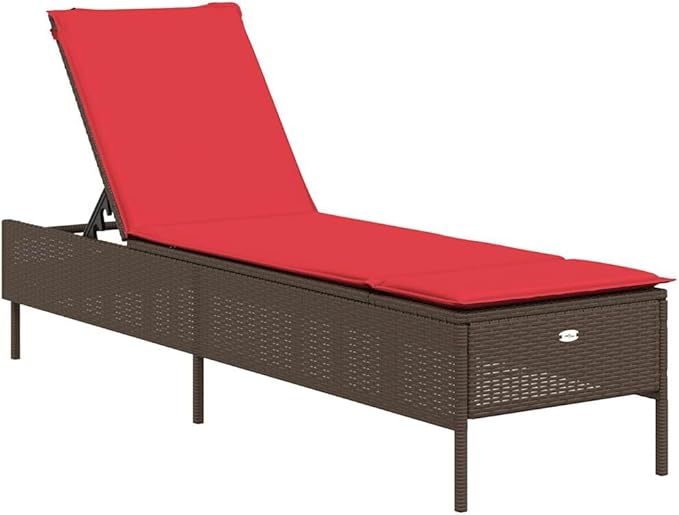 Patio Chaise Lounge Brown/Red PE Rattan, Steel Frame, 5-Angle Adjustable, 21.7"x78"x38.2" - Photo 2
