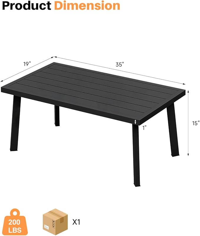 Patio Coffee Table, Never-Rust Aluminum Outdoor Coffee Table with Wood Grain Texture, Modern Rectangle Garden Coffee Table with Slatted Tabletop for Poolside, Decks, Indoor, Backyard, Black | Never-Rust, Slatted Tabletop