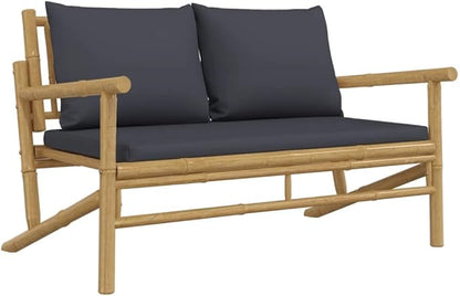 Natural Bamboo Garden Bench with Dark Grey Polyester Cushions 2 Seater Outdoor Patio Furniture Weather Resistant Comfortable Seating