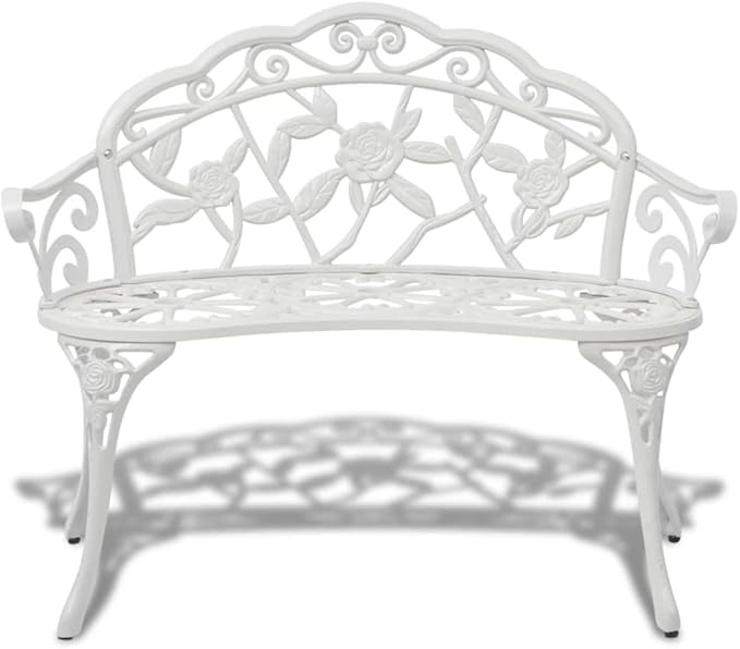 Garden Bench White Cast Aluminum and Cast Iron 39.4 Inch Durable Outdoor Furniture with Decorative Inlays, Comfortable Seating for Two, Easy Maintenance, Weather Resistant