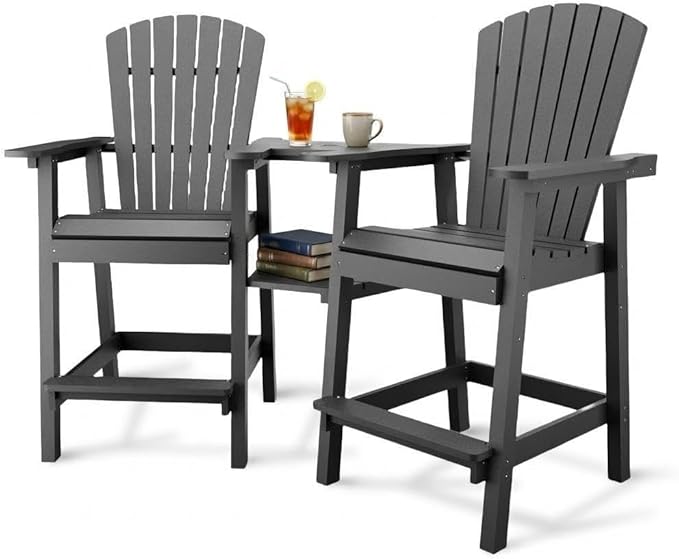 GAOMON Tall Adirondack Chairs Set of 2, Recycled HDPE Bar Height Patio Chairs with 2 Removable Connecting Trays & Umbrella Hole, Heavy Duty Outdoor Furniture for Deck, Backyard, Garden, Balcony, Grey