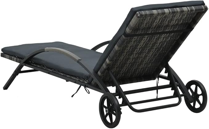 Sun Lounger with Cushion & Wheels Poly Rattan Anthracite,Outdoor Chaise Lounge Chair for Beach, Sunbathing, Patio, Pool, Lawn, Deck, Lay Flat Portable Lightweight