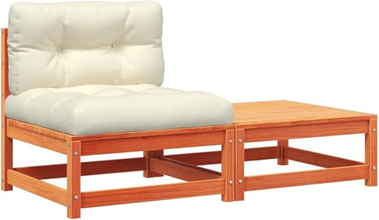 Patio Sectional Sofa with Cushions and Footstool Wax Brown Solid Pine Wood Modular Outdoor Furniture Set for Garden Terrace Balcony Lounge