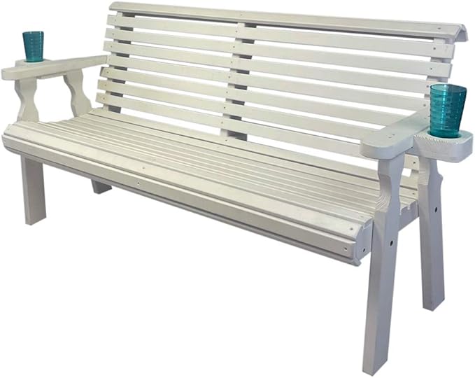 Amish Casual Heavy Duty Pressure Treated 5 Foot Outdoor Garden Bench with Cup Holders - Amish Crafted Roll Back Design in White Stain, 700 Lb Weight Capacity