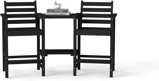 Tall HDPE Adirondack Bar Chairs Set of 2, Outdoor Balcony Bar-Height Chairs with Extra-Large Side Trays & 2" Umbrella Hole, All-Weather Patio Stools for Porch, Deck, Garden (Black, 2chair)