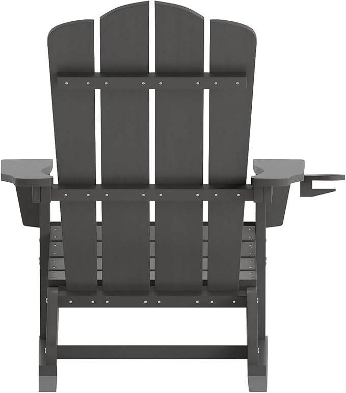 Flash Furniture Newport Adirondack Rocking Chairs with Cup Holder, Weather Resistant Poly Resin Adirondack Rocking Chairs, Set of 2, Gray