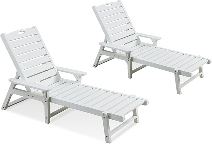 Psilvam Chaise Lounges Set of 2, Lounge Chairs with Adjustable Backrest, Supports Up to 350 lbs, All Weather Recliner Poly Lumber Lounges Bed for Poolside, Porch, Patio