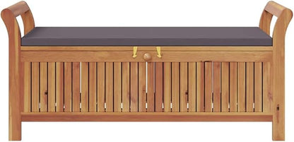 Outdoor Storage Bench with Cushion, Solid Acacia Wood Garden Seating for Patio, Backyard, Deck, Weather-Resistant Brown Storage Chest, 2-Seater