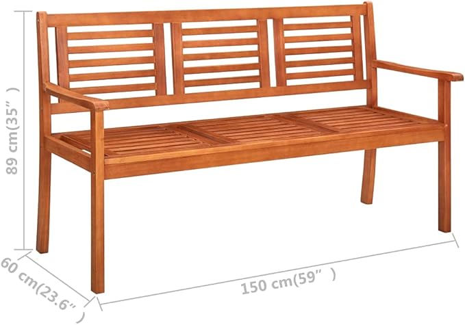 Solid Eucalyptus Wood Garden Bench Natural Brown Outdoor Furniture Durable Large Traditional Style 55.1 Inch Wide Spacious Seating for Patio Terrace