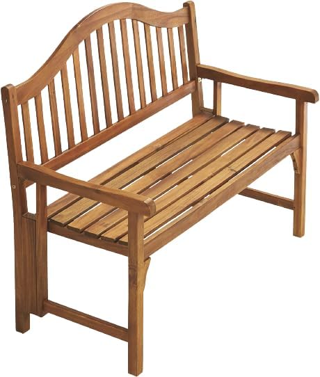 Patio Wise Foldable Acacia Wood Garden Bench, 4 Foot Indoor/Outdoor Wooden Porch, Patio, & Park Seating, Curved Backrest and Armrest, 48" Wide x 24-3/4" Deep x 41" High, Teak Color