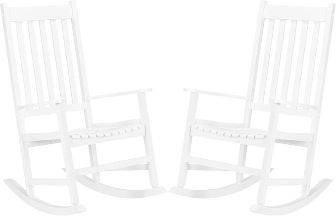 Square Wooden Rocking Chair Classic Comfort Durable Solid Wood Frame Easy Assembly Relaxing Morning Coffee & Conversations for Indoor Outdoor Front Porch Backyard Lawn Garden White