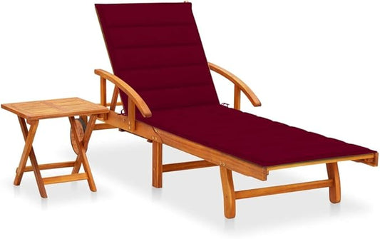 Solid Acacia Wood Outdoor Chaise Lounge Chair with Adjustable Backrest, Foldable Table & Wine Red Cushion for Patio Poolside Backyard Relaxation