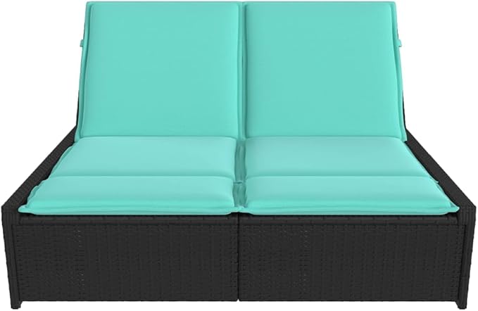 Outdoor Double Chaise Lounge with Turquoise Cushions, 4-Position Adjustable PE Rattan Backrest - Photo 3