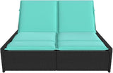 Outdoor Double Chaise Lounge with Turquoise Cushions, 4-Position Adjustable PE Rattan Backrest - Photo 3