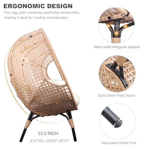 2 pcs Oversized Wicker Egg Chair Outdoor Indoor - Rattan Patio Egg Lounge Chairs with Cushion 500lbs Capacity for Living Room, Balcony, Backyard