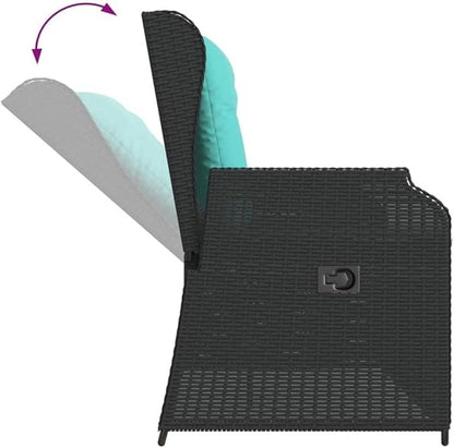 BOWERY HILL Contemporary Reclining Patio Bench, Black and Turquoise Finish, Synthetic Poly Rattan, Adjustable Backrest, Weather-Resistant Cushions, 2-Seater Outdoor Bench for Garden or Balcony Use