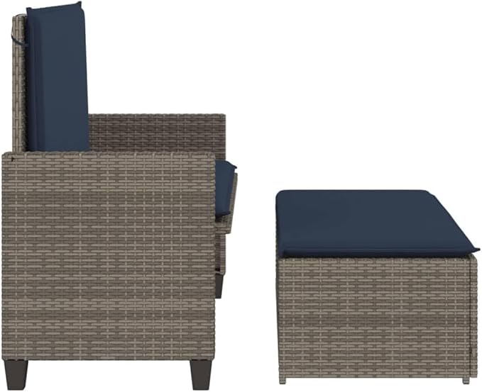Garden Bench Deck Bench Patio Bench with Cushions and Footstool Gray Poly Rattan