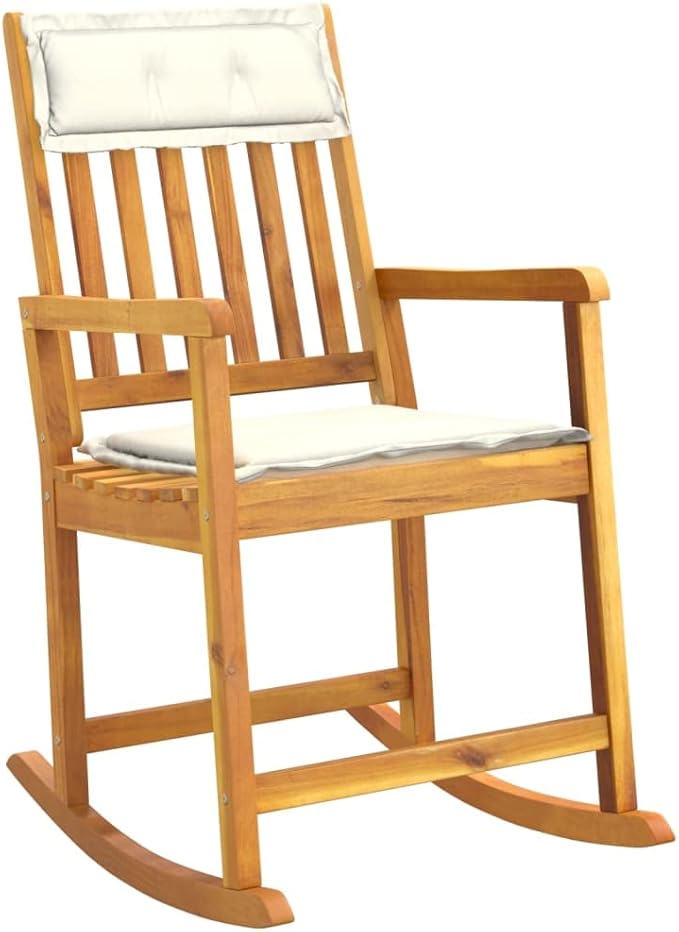 Solid Acacia Wood Rocking Chair with Soft Cushions, Indoor Outdoor Patio Rocker for Living Room, Garden, Porch, Ergonomic Comfort Cream White