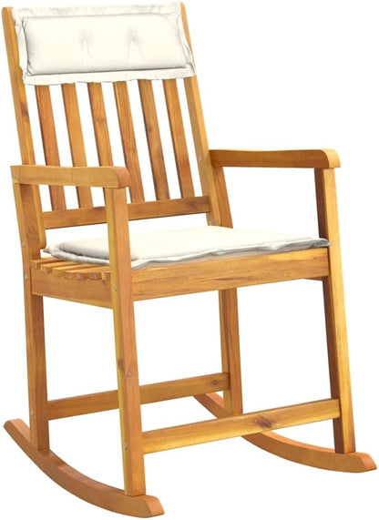 Solid Acacia Wood Rocking Chair with Soft Cushions, Indoor Outdoor Patio Rocker for Living Room, Garden, Porch, Ergonomic Comfort Cream White
