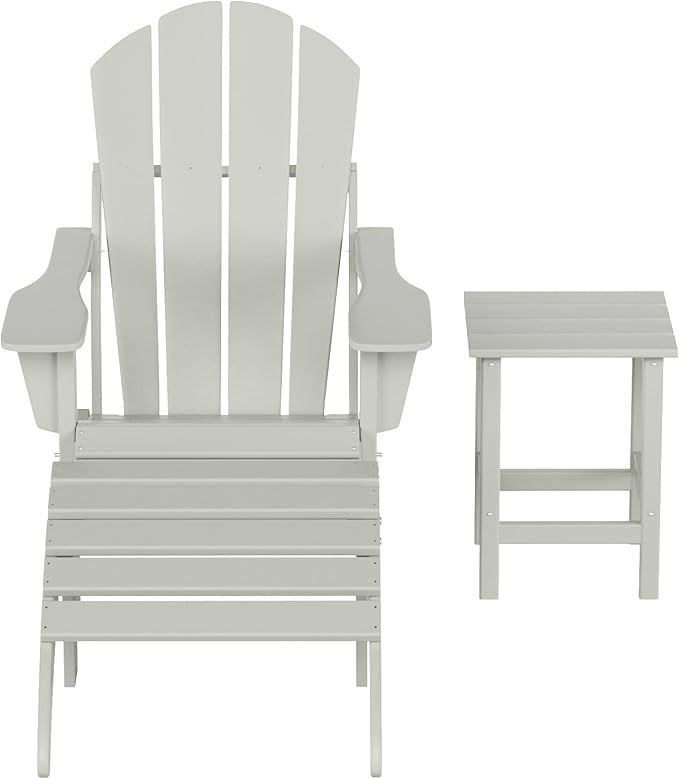 WestinTrends Malibu Outdoor Lounge Chairs, 3-Pieces Adirondack Chair Set with Ottoman and Side Table, All Weather Poly Lumber Patio Lawn Folding Chair for Outside Pool Garden Backyard, Sand