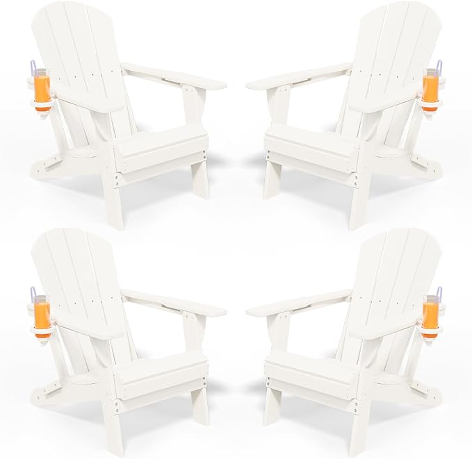 Folding Adirondack Chairs with Cup Holders, Set of 4 HDPE Plastic Outdoor Chairs, Weather Resistant, Real Wood Look - Photo 9