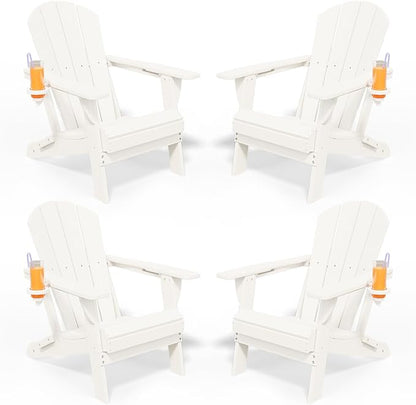 Folding Adirondack Chairs with Cup Holders, Set of 4 HDPE Plastic Outdoor Chairs, Weather Resistant, Real Wood Look, Heavy-Duty Patio Furniture for Deck, Fire Pit, Backyard, White