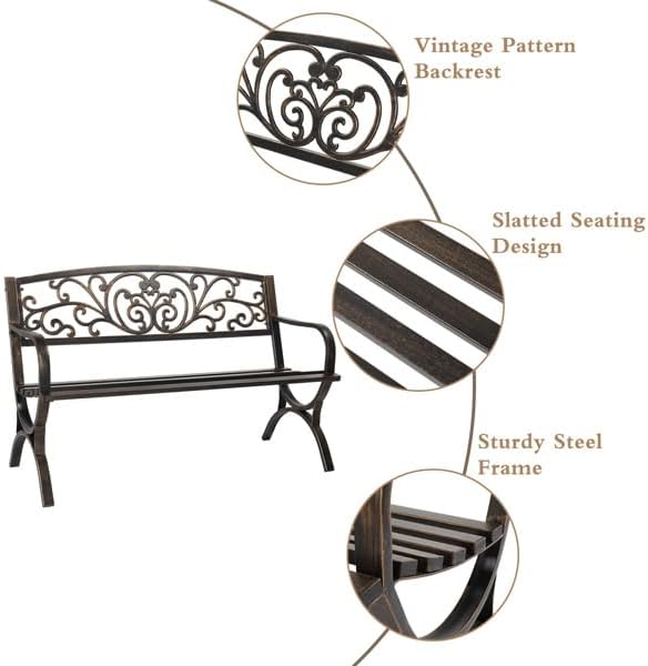 Patio Outdoor Park Loveseat Bench for Garden Porch Deck Made Cast Iron Anti-Rust Aluminum Metal, 2-3 Seater (50 Inch Butterfly Back Cross Feet Bronze Iron Bench)