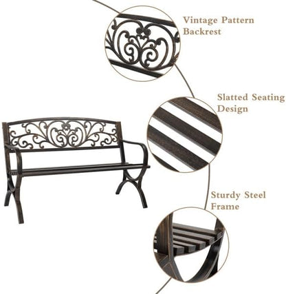 Patio Outdoor Park Loveseat Bench for Garden Porch Deck Made Cast Iron Anti-Rust Aluminum Metal, 2-3 Seater (50 Inch Butterfly Back Cross Feet Bronze Iron Bench)