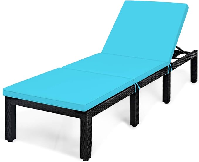 Tangkula Patio Wicker Lounge Chair, Outdoor Rattan Adjustable Reclining Backrest Lounger Chairs, Modern Outside Rattan Chaise with Seating and Back Cushion (1, Turquoise)