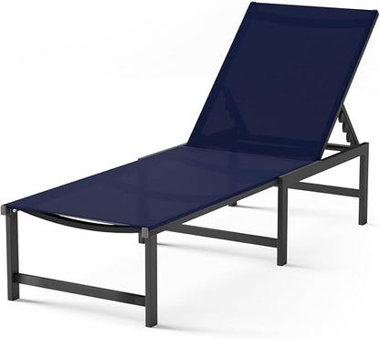 Chaise Lounge Chair Outdoor, Aluminum PatioChairs with 5 Adjustable Backrest and HeadrestPillows for Outside Beach，NavyBlue
