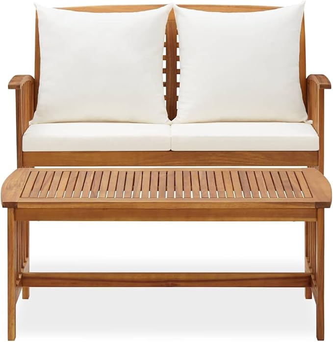 Vintage Acacia Wood Garden Bench 43.3 in, Cream White Cushions, Oiled Finish, Medium Outdoor Seating Set for Balcony, Patio, Porch, Backyard Relaxing