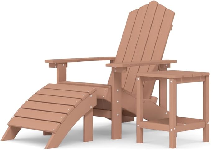 Adirondack Chair Set with Detachable Footstool and Side Table Brown HDPE Outdoor Patio Furniture for Garden Backyard - Photo 3