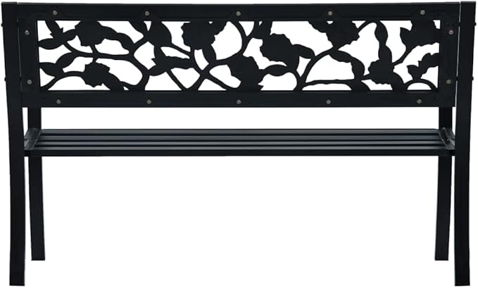 Vintage Black Steel Garden Bench 49.2 Inch Durable Outdoor Seating with Floral Pattern Backrest, Comfortable Rectangular Bench for Patio Balcony Garden, Sturdy Steel Frame