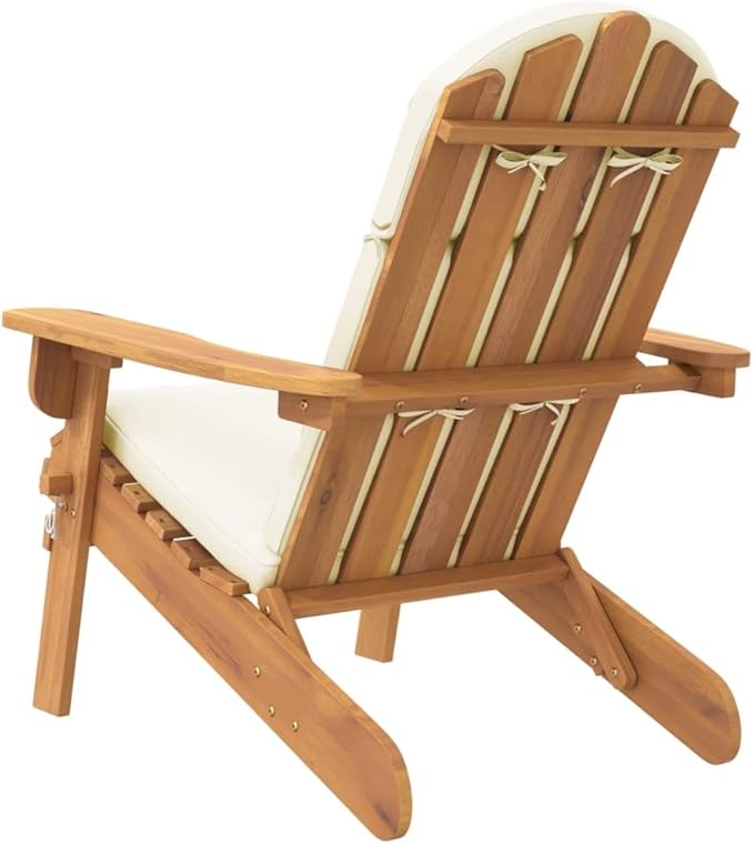 Adirondack Patio Chair with Cream Cushions Solid Acacia Wood Foldable Outdoor Lounge Chair for Poolside, Beach, Garden - Photo 6