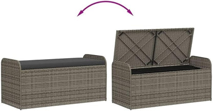 vidaXL Storage Bench Grey PE Rattan, Powder-Coated Steel, Polyester