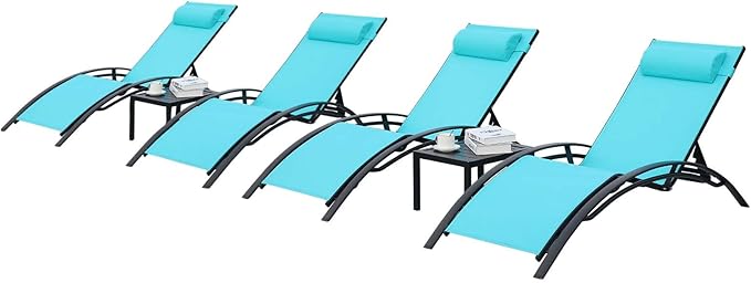AthLike 3 pcs Poolchairs Patio Chaise Lounge Set with Headrest, 5-Level Adjustable Sunbathing Tanning Poolside Recliner Chairs with Side Table for Outdoor Beach (Blue, 4 Chairs and 2 Tables)