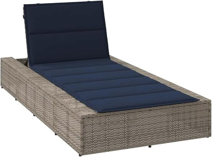 Adjustable Outdoor Chaise Lounge Chair Grey Poly Rattan 15.5x32.6x12.2in Folding Poolside Recliner with Removable Cushion for Patio Balcony Garden