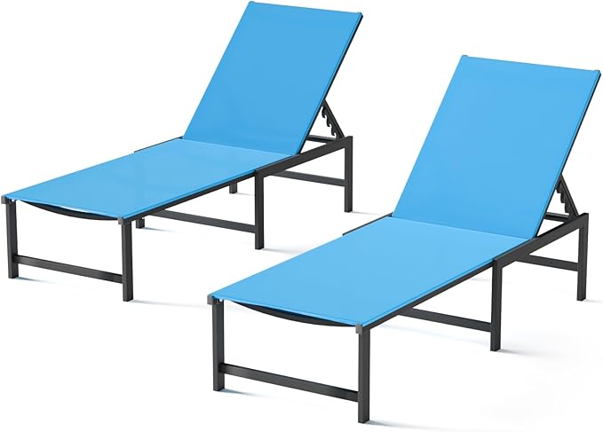 Chaise Lounge Chair Outdoor,Aluminum Patio Lounge Chairs Set of 2, Adjustable 5-Position Recliner and Full Flat Tanning Chair with Pillow for Pool, Outside,Beach,Blue